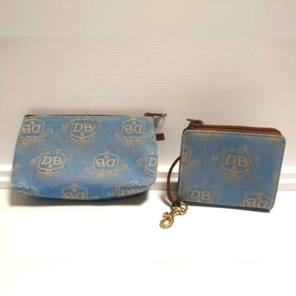 Dooney & Bourke Denim Blue and Gold Zip ID Clutch & Wristlet Set canvas boho